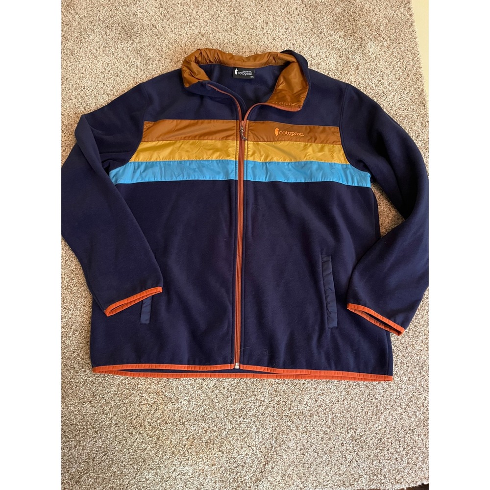 Cotopaxi Men Fleece Jacket MXL Blue Navy Multi Striped Full Zip Teca Retro Style